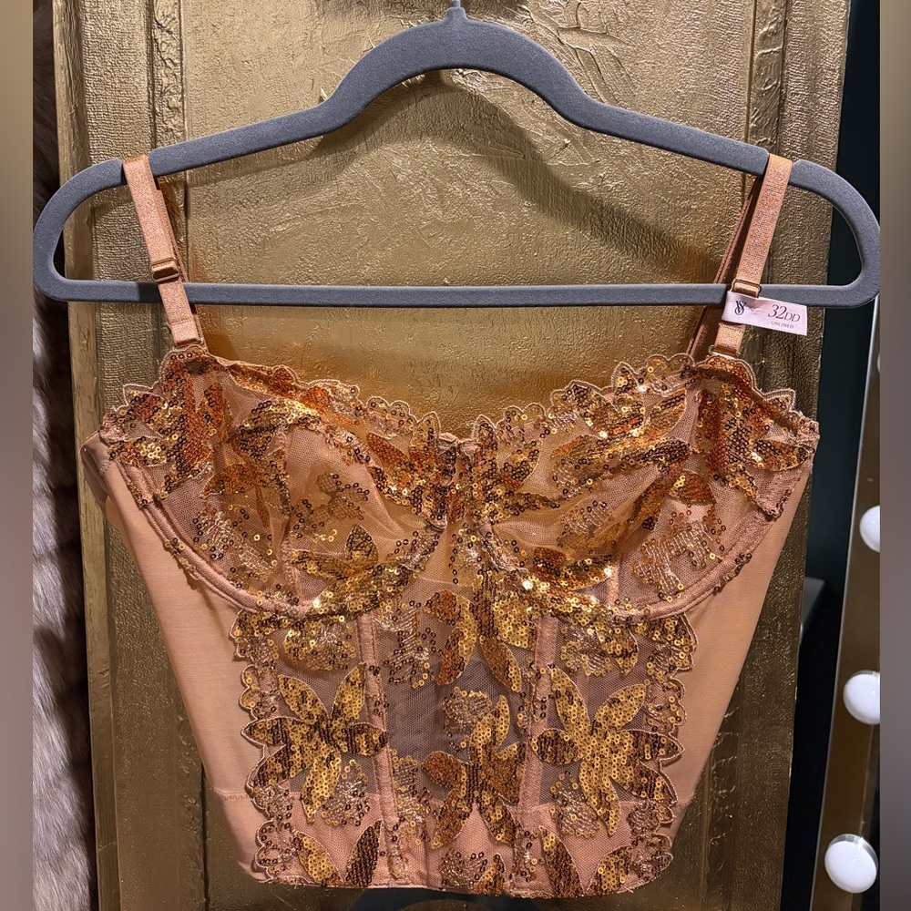 NWT SOLD OUT Victoria Secret Gold Sequin Bustier Corset Bralette 32DD